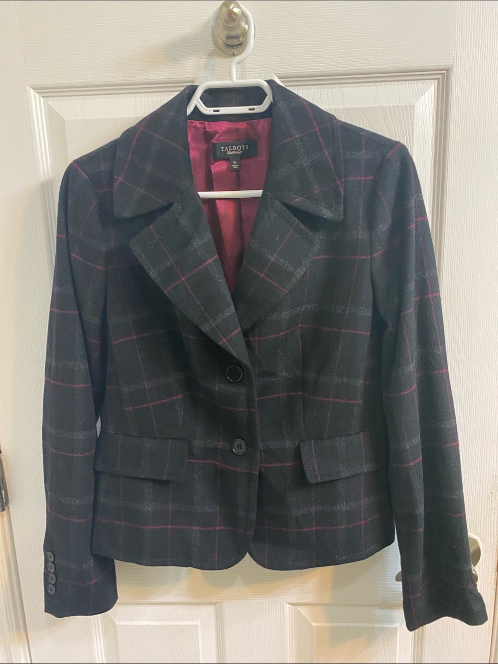 Talbots Plaid Wool Blend Fitted Blazer Black Grey Burgundy Women’s Size 10 Fall